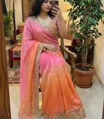 Multicolor woven design satin fusion saree