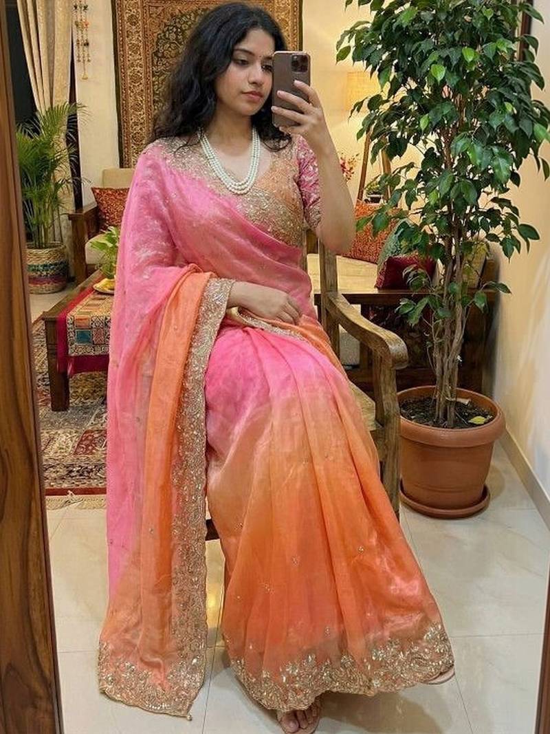 Multicolor woven design satin fusion saree