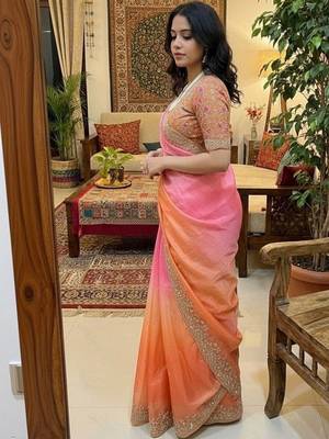 Multicolor woven design satin fusion saree 2