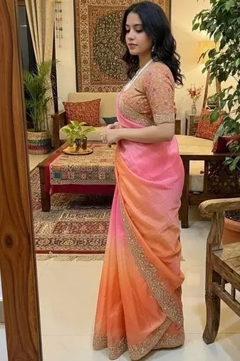 Multicolor woven design satin fusion saree