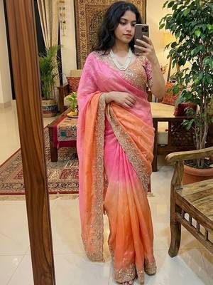 Multicolor woven design satin fusion saree 3