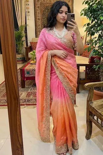 Multicolor woven design satin fusion saree