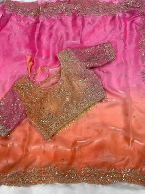 Multicolor woven design satin fusion saree 4