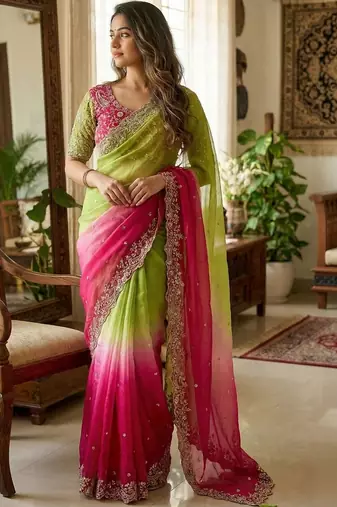 Multicolor woven design satin fusion saree