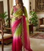 Multicolor woven design satin fusion saree