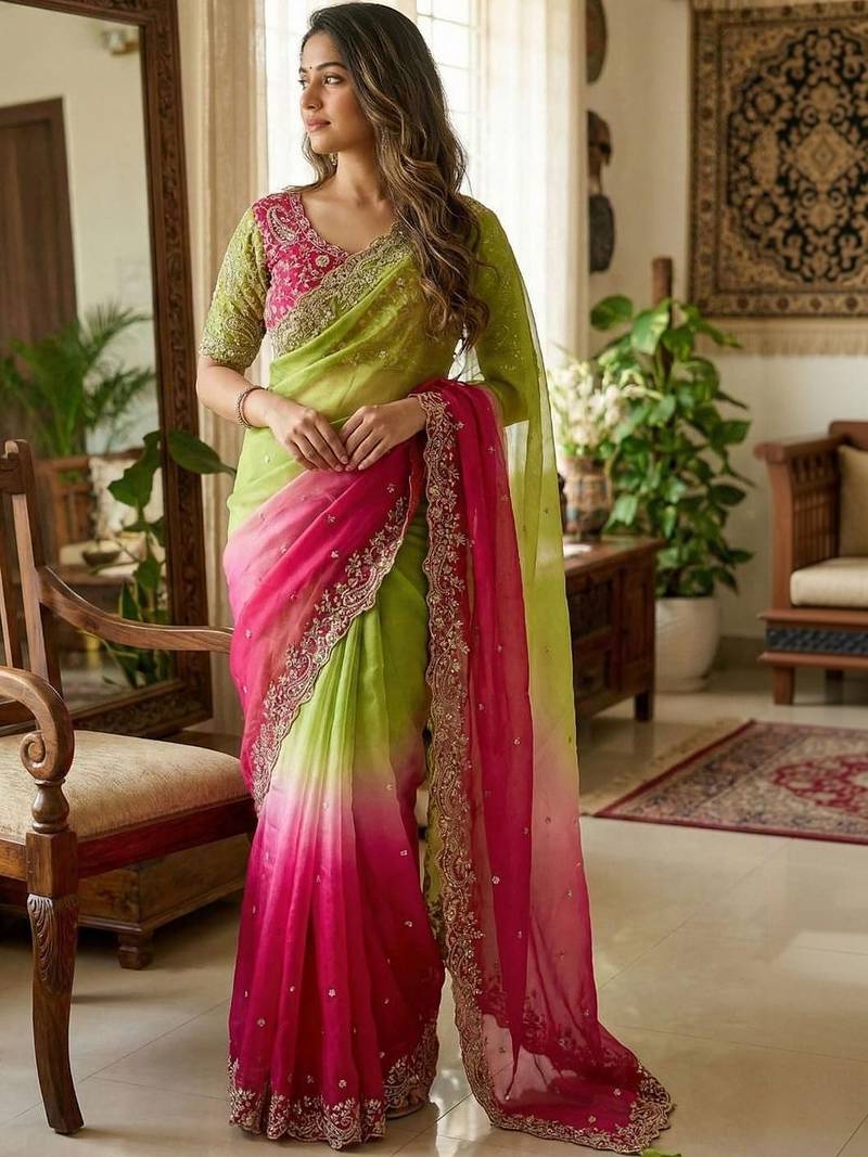 Multicolor woven design satin fusion saree