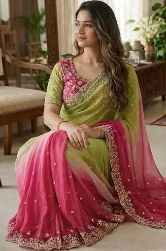 Multicolor woven design satin fusion saree