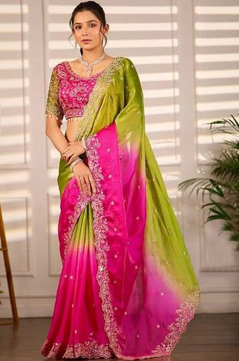Multicolor woven design satin fusion saree