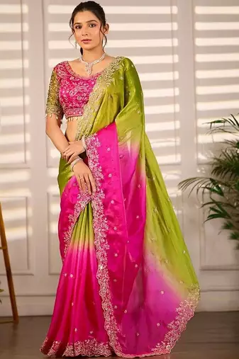 Multicolor woven design satin fusion saree