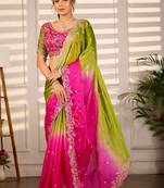 Multicolor woven design satin fusion saree