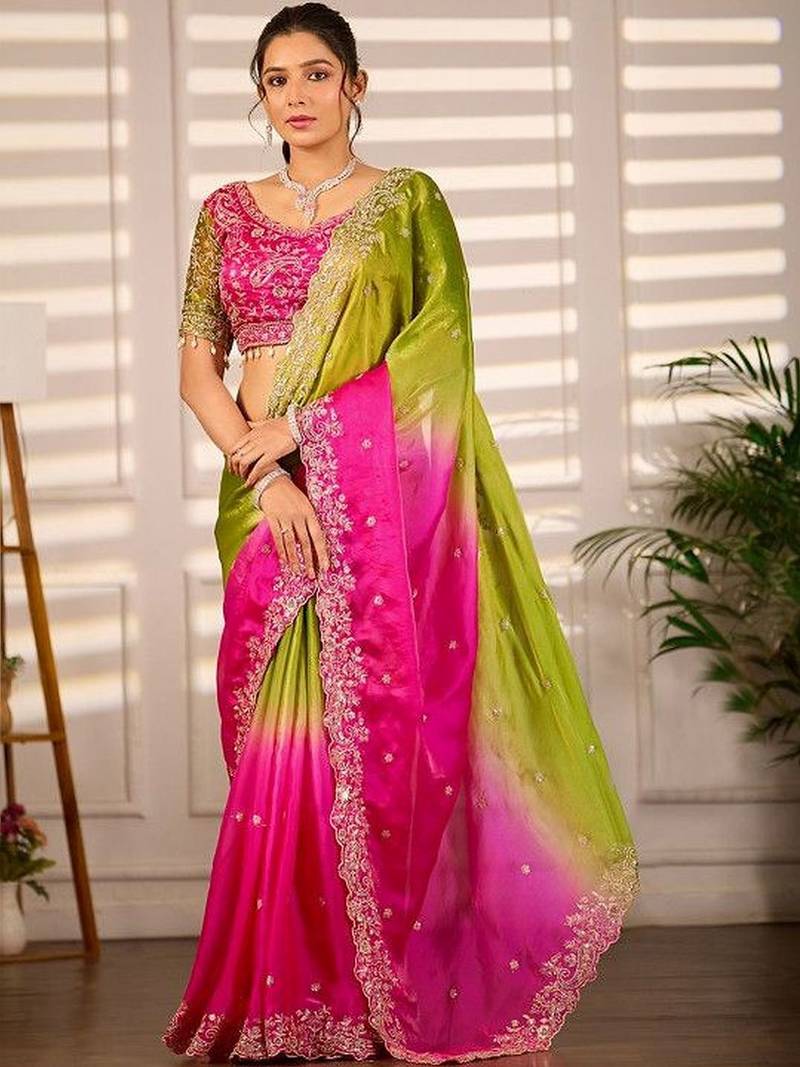 Multicolor woven design satin fusion saree