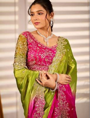 Multicolor woven design satin fusion saree 2