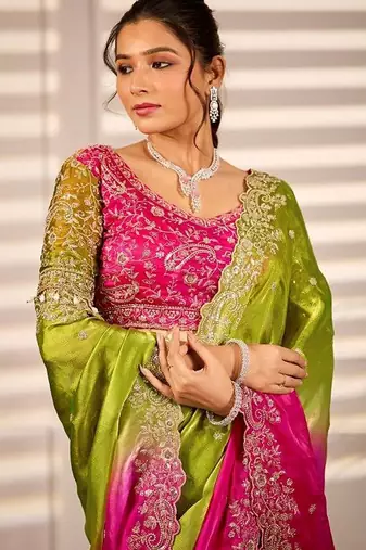 Multicolor woven design satin fusion saree
