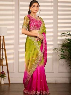 Multicolor woven design satin fusion saree 3