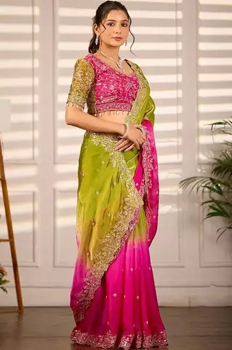 Multicolor woven design satin fusion saree