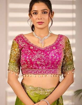 Multicolor woven design satin fusion saree 4