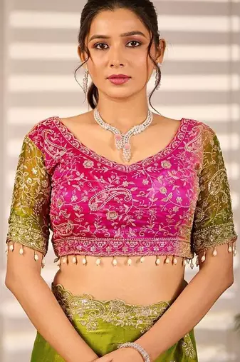 Multicolor woven design satin fusion saree