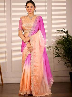 Multicolor woven design satin fusion saree 1