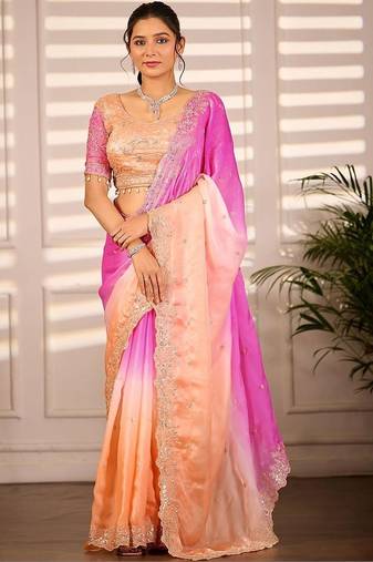 Multicolor woven design satin fusion saree