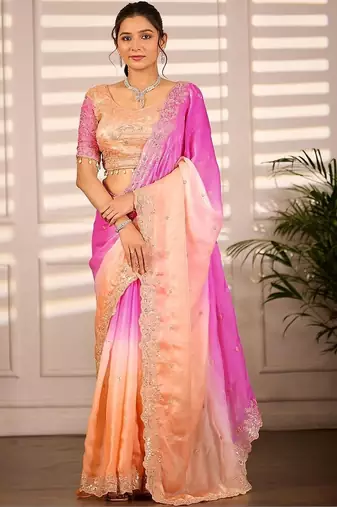 Multicolor woven design satin fusion saree