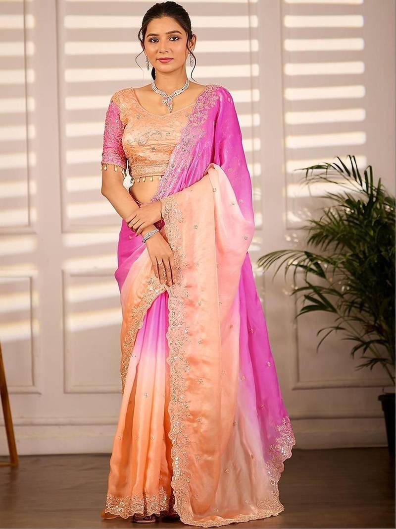 Multicolor woven design satin fusion saree