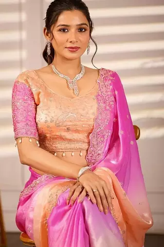 Multicolor woven design satin fusion saree