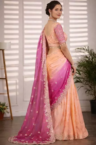 Multicolor woven design satin fusion saree
