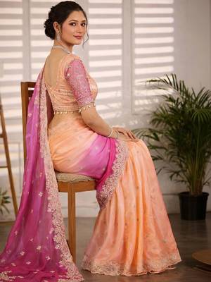 Multicolor woven design satin fusion saree 4