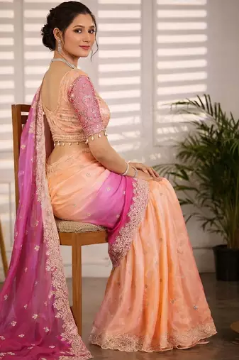 Multicolor woven design satin fusion saree