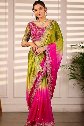 Multicolor woven design satin fusion saree