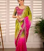 Multicolor woven design satin fusion saree