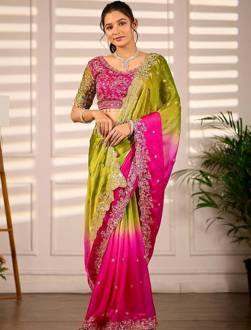 Multicolor woven design satin fusion saree