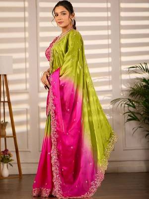 Multicolor woven design satin fusion saree 2
