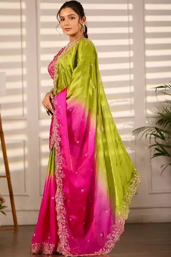 Multicolor woven design satin fusion saree