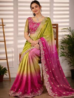 Multicolor woven design satin fusion saree 3