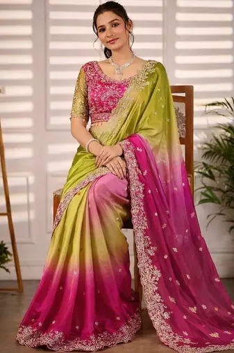 Multicolor woven design satin fusion saree