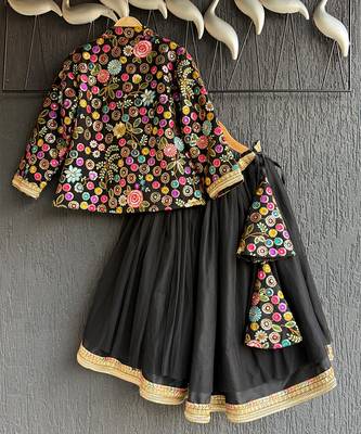 Black Embroidered Cotton Silk Lehenga Set 3