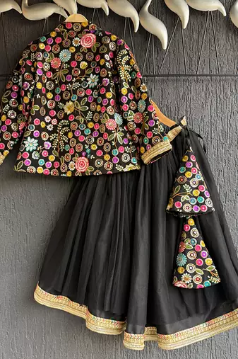 Black Embroidered Cotton Silk Lehenga Set