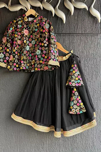 Black Embroidered Cotton Silk Lehenga Set