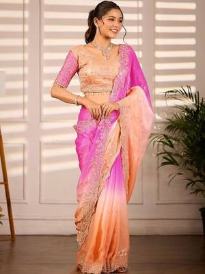 Multicolor woven design satin fusion saree 1