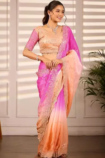 Multicolor woven design satin fusion saree