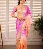 Multicolor woven design satin fusion saree