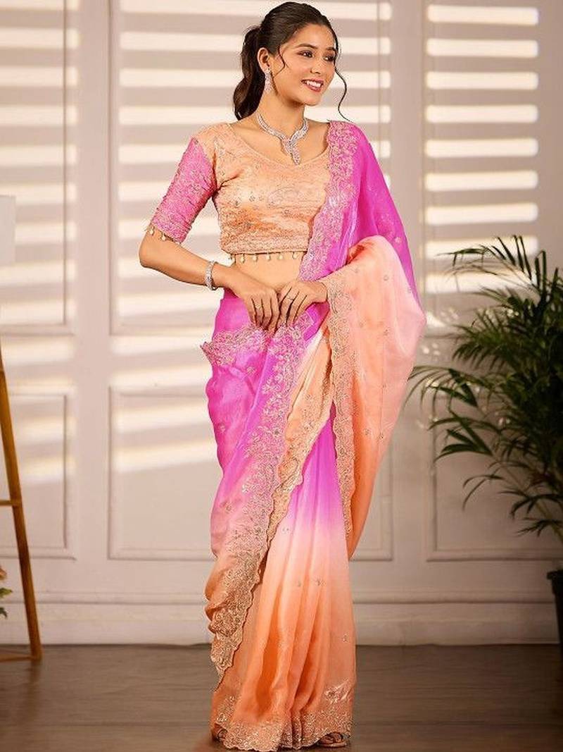 Multicolor woven design satin fusion saree