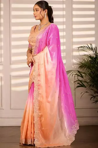 Multicolor woven design satin fusion saree