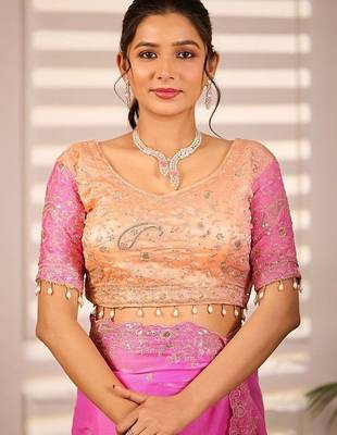 Multicolor woven design satin fusion saree 4