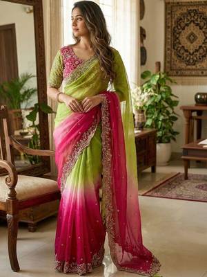 Multicolor woven design satin fusion saree 1