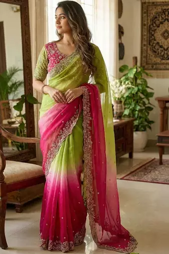 Multicolor woven design satin fusion saree