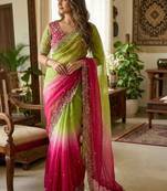 Multicolor woven design satin fusion saree