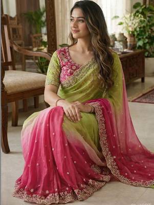 Multicolor woven design satin fusion saree 2