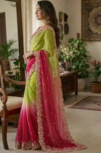 Multicolor woven design satin fusion saree